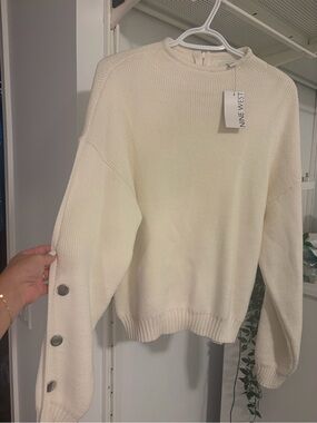 NWT- Nine West Cream Button-Accent Crew Neck Sweater